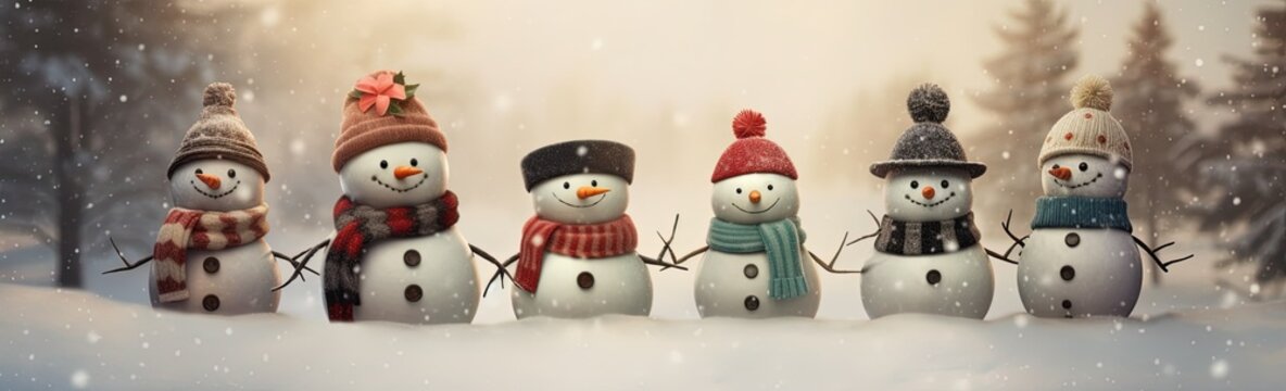 Snowman group in the snow. Christmas and New Year concept with AI-Generated Images