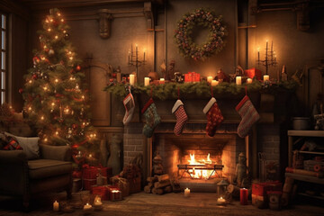 christmas evening, interior of decorated room and fireplace for the holiday