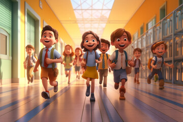 happy schoolchildren running down the corridor at school
