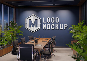 Logo Mockup On Office Wall At Night With 3D Glossy Metal Effect
