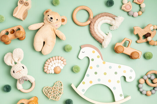 Eco fiendly child wooden toys. Sustainable, developmental, sensory toys for babies and toddlers. Top view, flat lay