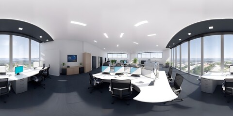 Full 360 degrees seamless spherical panorama HDRI equirectangular projection of Interior open space office. Texture environment map for lighting and reflection source rendering 3d scenes. 