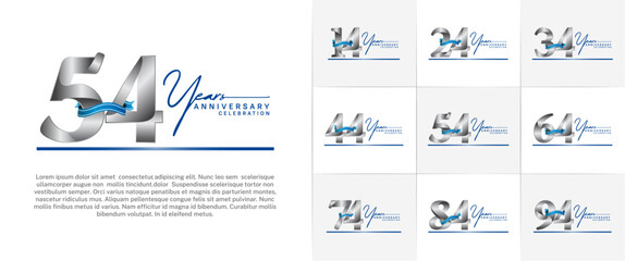 set of anniversary logo with silver number and blue ribbon, handwriting text can be use for celebration