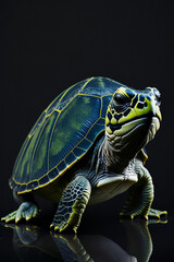 Turtle on a black background, studio picture, close-up.
