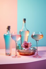 Colorful glasses and bottles adorn a wooden tabletop indoors the fluid-filled vessels are perfect for sipping cold drinks on a hot summer day