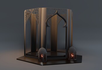 Majestic Islamic Symbols: Podium with Crescent Moon and Islamic Graphics, Charming and Elegant Black Background