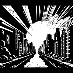Vector black line illustration, End of the world, city skyline, isolated on white background, vector illustration.
