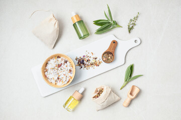 Botanical blends in cotton bags, salt, herbs, essencial oils for naturopathy. Natural remedy,...