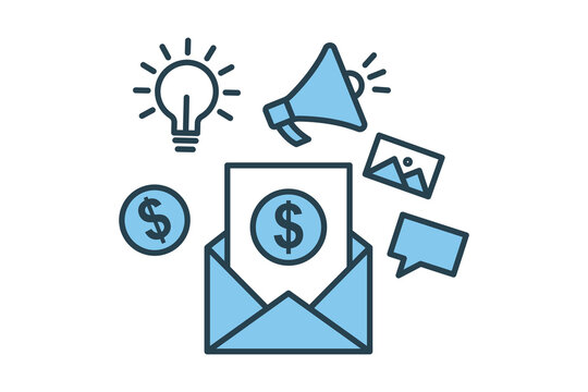 Email Marketing icon. include envelope icon, light bulb, megaphone, chat, picture. icon related to digital marketing. Flat line icon style design. Simple vector design editable