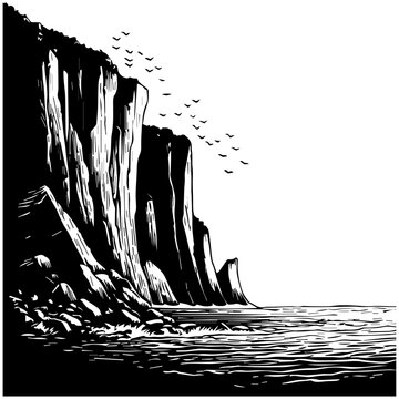 Cliff vector black line illustration isolated on white background, vector illustration.
