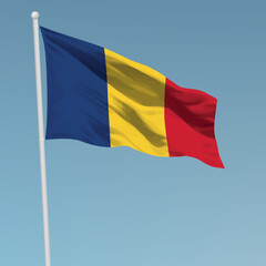 Waving flag of Romania on flagpole. Template for independence