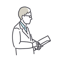 Portrait of concentrated scientist in white lab coat, looking at results sheets in the hands. Simple style outline flat vector illustrations. Medicine concept. Perfect for chemical app, social media.