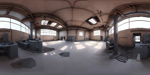 Full 360 degrees seamless spherical panorama HDRI equirectangular projection of Abandoned plant factory. Texture environment map for lighting and reflection source rendering 3d scenes.