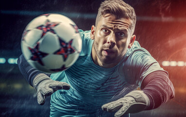 A soccer goalkeeper firmly catches the ball. Determined, athletic, winning