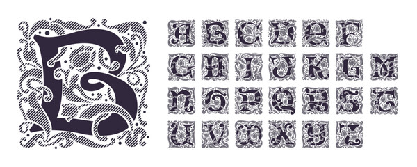 Medieval alphabet, font in floral ornament and diagonal hatching. Vintage antique gothic style drop caps. Luxury vector initials. Victorian engraved icons for royal monogram, classic invitation.