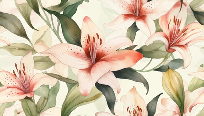 Tropical seamless pattern with oriental lily flowers and buds, watercolor