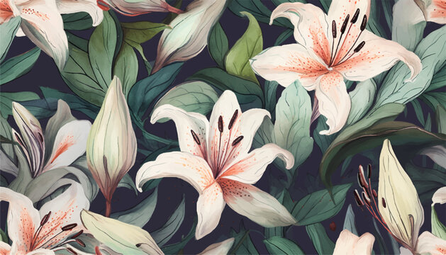 Tropical seamless pattern with oriental lily flowers and buds, watercolor
