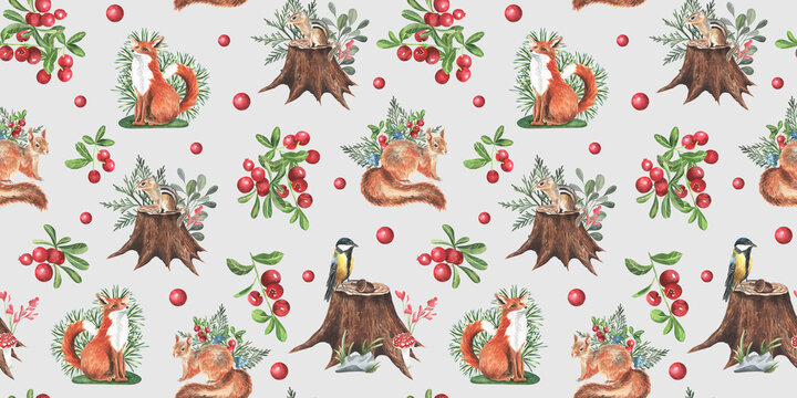 Watercolor seamless pattern with cute animals, forests pattern, baby Wallpapers. tit bird, chipmunk, squirrel, Fox, berries and leaves. Isolated on grey background. child wallpaper, textile, fabric