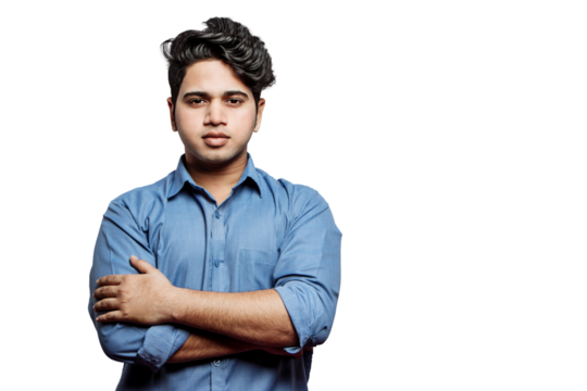 PNG of Confident Young Man with Folded Arms Looking at Camera in Casual Pose. Confident Businessman Looking At Camera isolated on a transparent PNG background.
