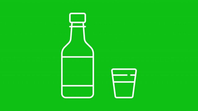 Animated soju white line icon. Bottle pouring korean drink animation. Alcoholic beverage. Loop HD video with chroma key, alpha channel, transparent background. Outline motion graphic animation