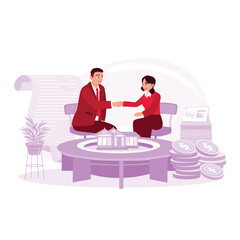 Real estate agent and client shake hands and sign a buy and sell contract. Trend Modern vector flat illustration.