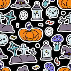 Fototapeta premium Doodle Halloween seamless pattern. Hand-drawn autumn pumpkin, grave, skull, witch hat on black background. Cute scary horror sticker for fall holiday, Day of the Dead. Vector color spooky illustration
