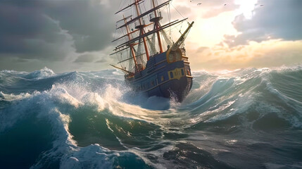 Ship in the stormy sea with huge waves. Giant stormy waves in the ocean and boat. Generated AI.