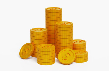 Stack of golden coins on white background with earning profit concept. Gold coins or currency of business. 3D rendered illustration
