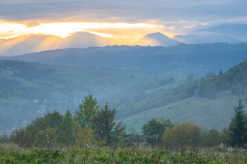 Dramatic Sunset and Sunbeams Over the Ukrainian Carpathians