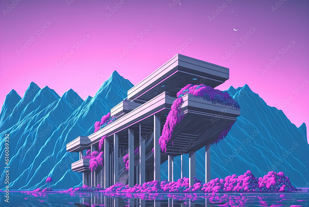 Poster vaporwave landscape with abstract building with pillars. 80s styled pink and blue minimalistic archi