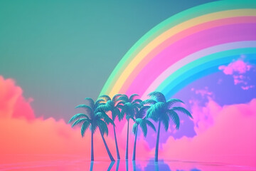Fototapeta na wymiar Palm trees and rainbow 80s landscape in vaporwave style. Retrowave vacation background with tropical sunset and palms. Generated AI.