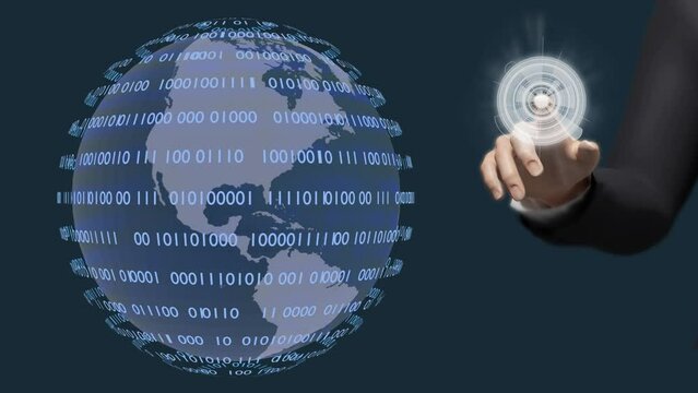 Filmato. Illustrazione 3D. Sfondo mondo digitale. Sequenza di zero e uno concetto di connessione globale tra persone, social network, e dispositivi informatici.