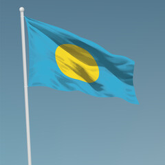 Waving flag of Palau on flagpole. Template for independence day