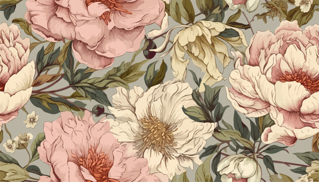 Seamless boho floral pattern with pink peony flowers. Retro collage pattern. Contemporary print for wedding stationary, greetings, wallpapers, fashion, backgrounds, textures, DIY, wrappers, cards