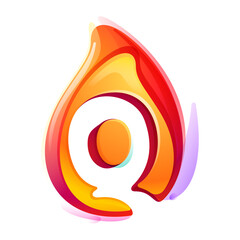 Q letter logo in fire flame. Negative space 3D realistic icon. Vibrant initial in overlapping watercolor style. Vector watercolor font for danger labels, multicolor warning posters, sport identity.