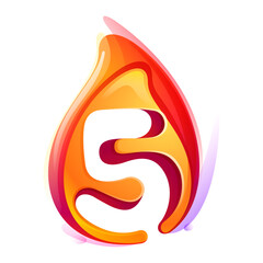 5 logo. Number five in fire flame. Negative space 3D realistic icon. Vibrant initial in overlapping watercolor style. Vector watercolor font for danger labels, warning posters, sport identity.