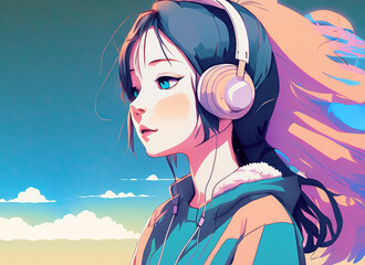 A young girl with headphones is looking at the blue sky while listening to lo-fi hip hop music, abstract anime style with pastel colors, generative ai