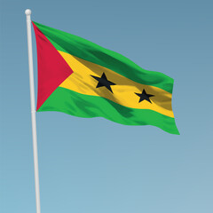 Waving flag of Sao Tome and Principe on flagpole. Template for independence day
