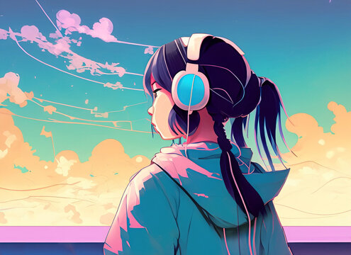 A young girl with headphones is looking at the blue sky while listening to lo-fi hip hop music, abstract anime style with pastel colors, generative ai