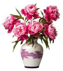 Bouquet of beautiful fuchsia peonies in a ceramic vase. Isolated on transparent background. KI.	
