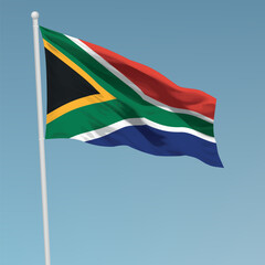 Waving flag of South Africa on flagpole. Template for independence day