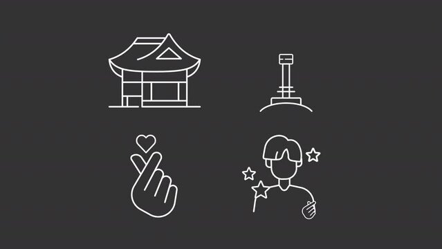 Modern Korea white icons animation. Animated line popular culture. South Korea. K pop. Loop HD video with chroma key, alpha channel, transparent background. Outline motion graphic animation