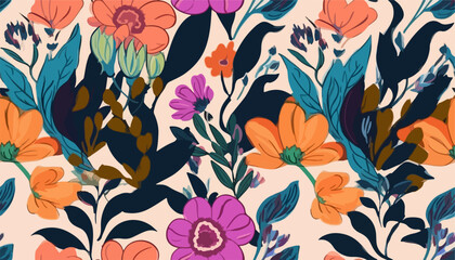 Hand drawn colorful naive abstract floral print. Cute collage pattern. Fashionable template for design