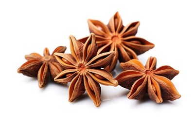 Star anise spice fruits and seeds isolated on white background.