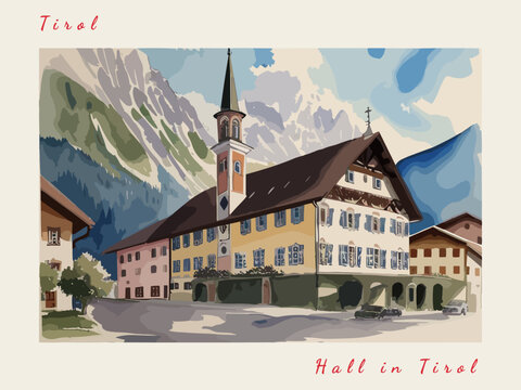 Hall in Tirol: Postcard design with a scene in Austria and the city name Hall in Tirol