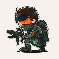 Fototapeta premium Airsoft player in armored vest, helmet, face glasses and protection kneeling and attacking with rifle on white background. Cartoon vector illustration.