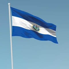 Waving flag of El Salvador on flagpole. Template for independence day