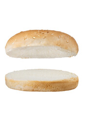 Burger buns empty isolated on white background. With clipping path. Full depth of field. Focus stacking. PNG