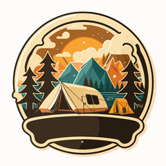 Tent camping in nature. Cartoon vector illustration. label, sticker