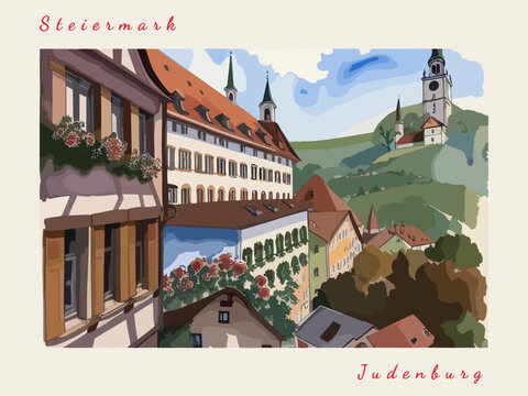 Judenburg: Postcard design with a scene in Austria and the city name Judenburg